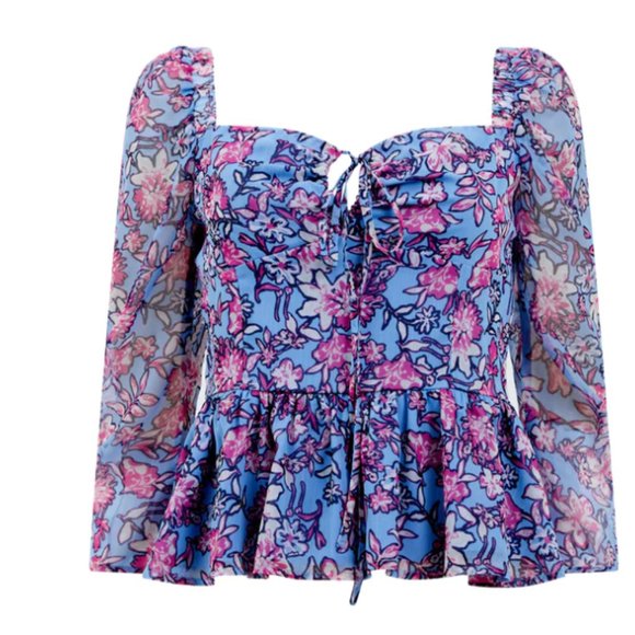 NWT French Conection Fontini Hallie Halter Peplum Top in floral blue & pink - Picture 3 of 7